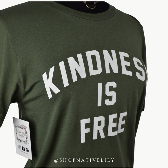 NWT Bella Canvas Kindness Is Free Graphic Short Sleeve Tee, Olive - Picture 6 of 12